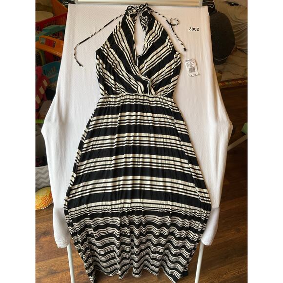 Liberty Love Women Maxi Dress size L Sleeveless Sexy V-neck Stripes Black White - Picture 4 of 10